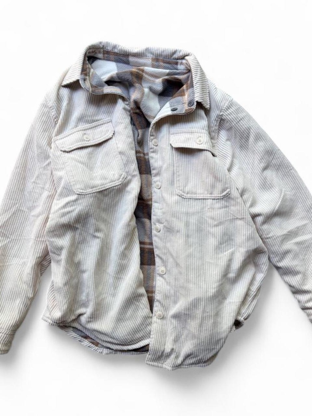 Love Tree Men's Light Beige Corduroy Shirt Jacket with Plaid Lining